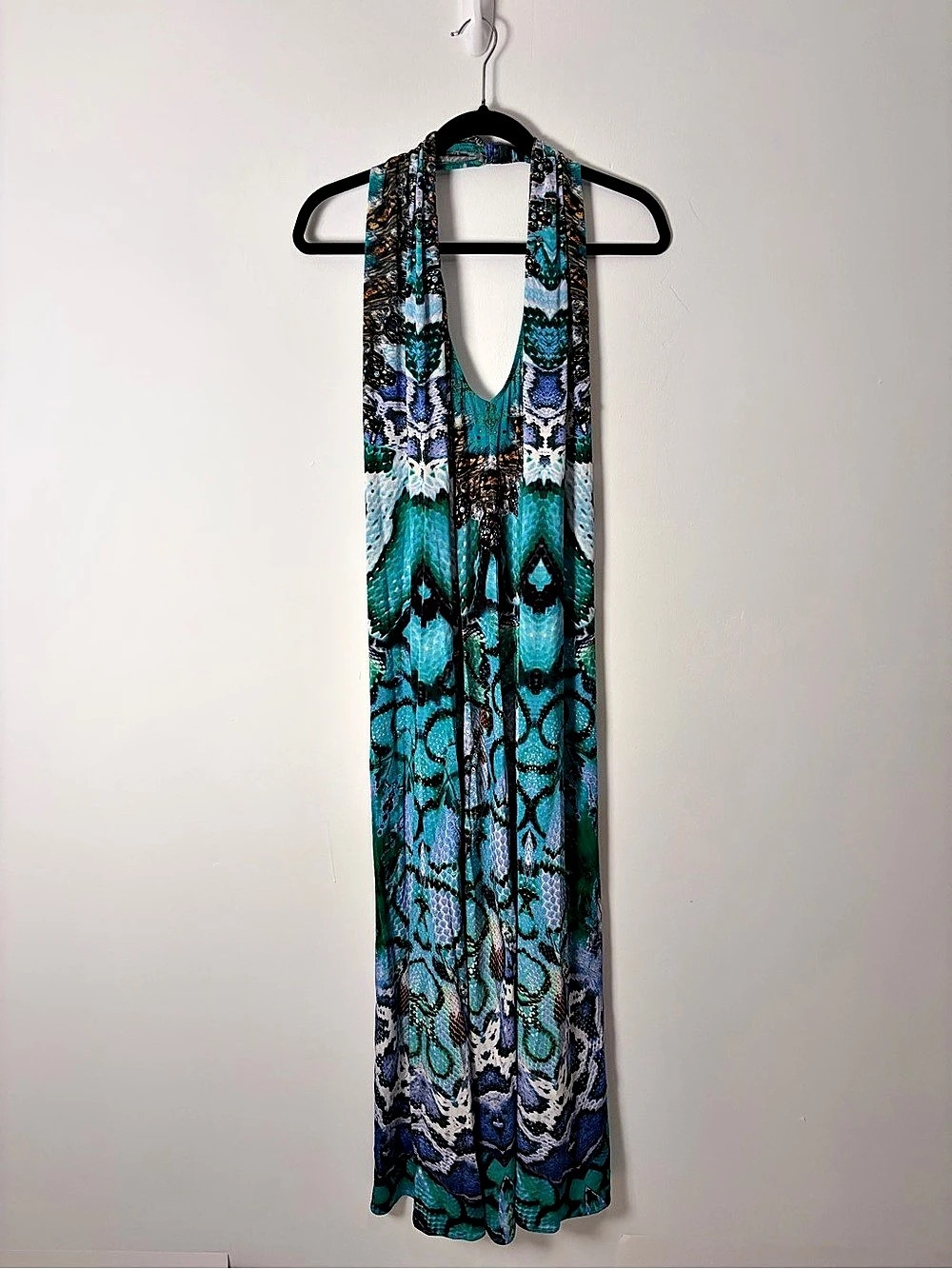 CAMILLA Turquoise Snake Print Crystal Embellished Halter Maxi Dress